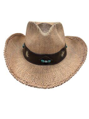 J Hats Straw Cowboy Hat Teal Bead Leather Detail Western Coastal Concert Festiva